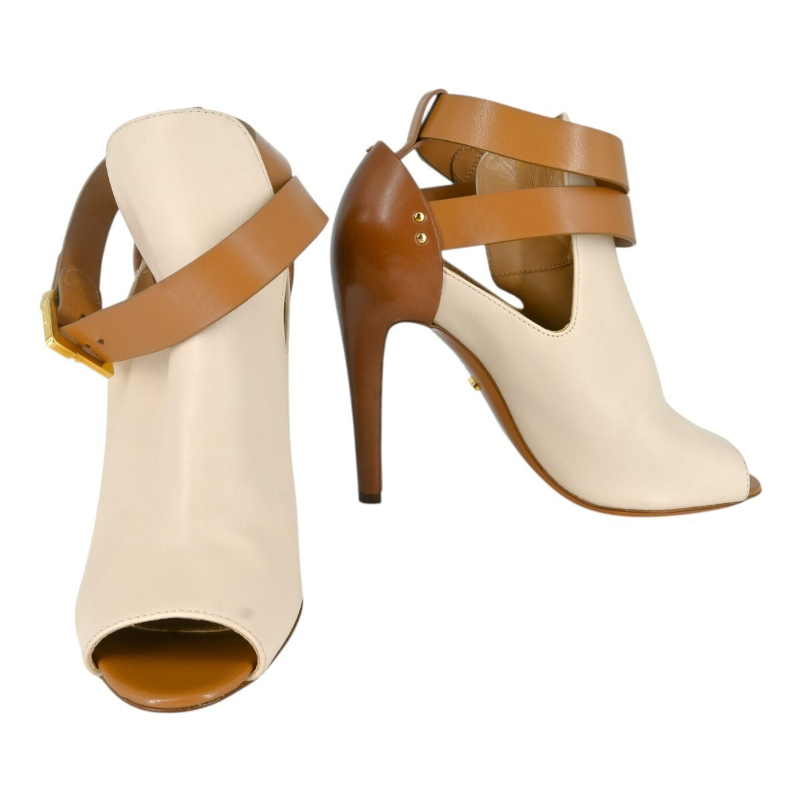 Sergio Rossi Ivory Tan Leather Wrap Around Buckle Peep-Toe High Heels Size 36